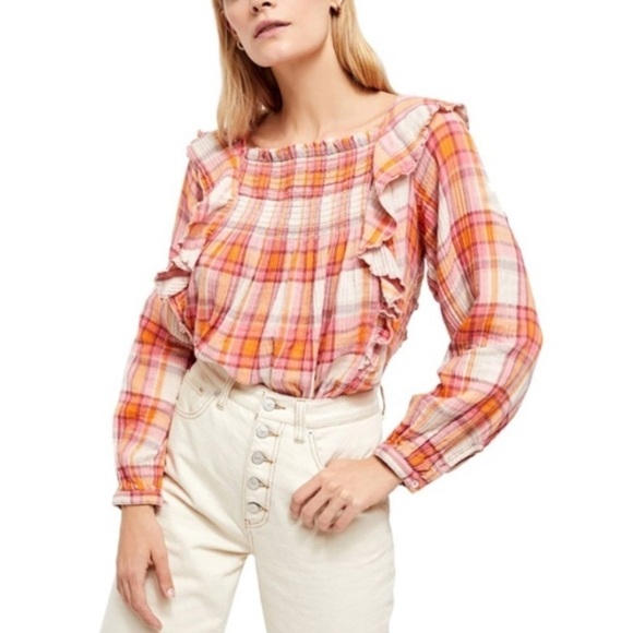 NWT Free People Siena Plaid Smocked Pullover Top In Pink/Orange - Picture 3 of 9